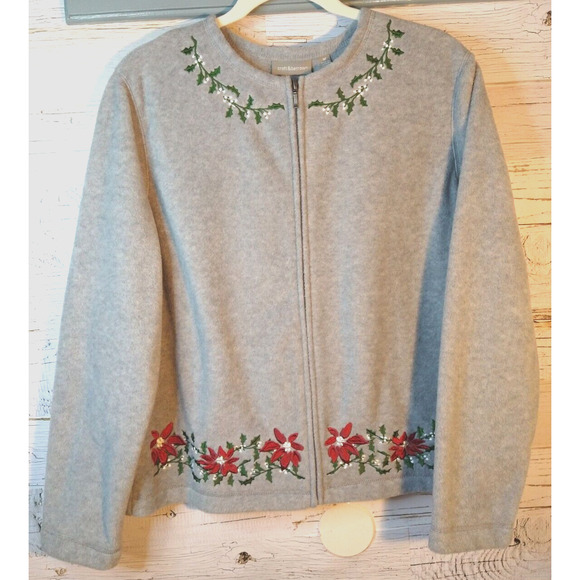 Croft & Barrow Gray Fleece Zip Jacket M Embroidered Poinsettia Winter Holiday - Picture 2 of 8